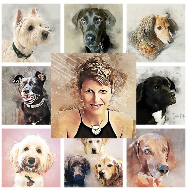 Collage featuring Bev Evans and several painted dogs