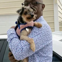 Walter and his adopter dog and man