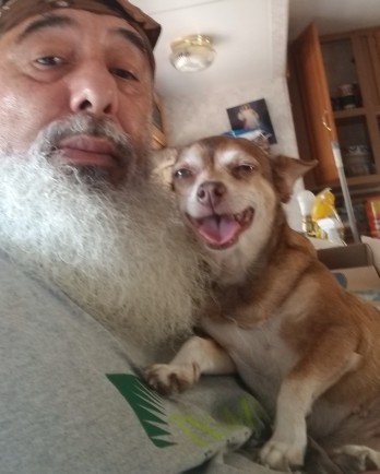 bearded man and small dog take a selfie